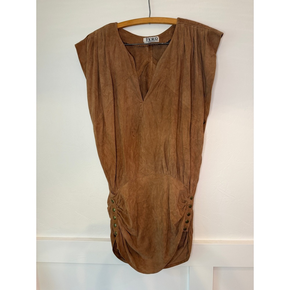 Vintage Fjord Magazine Brown Suede Mini Dress V-Neck Ruched Boho Western Small - Picture 2 of 8
